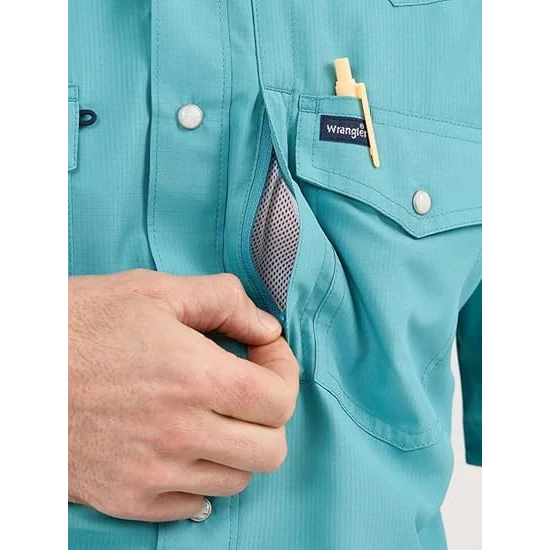 Wrangler Men's Performance Classic Fit Short Sleeve Shirt- Turquoise - Image 2