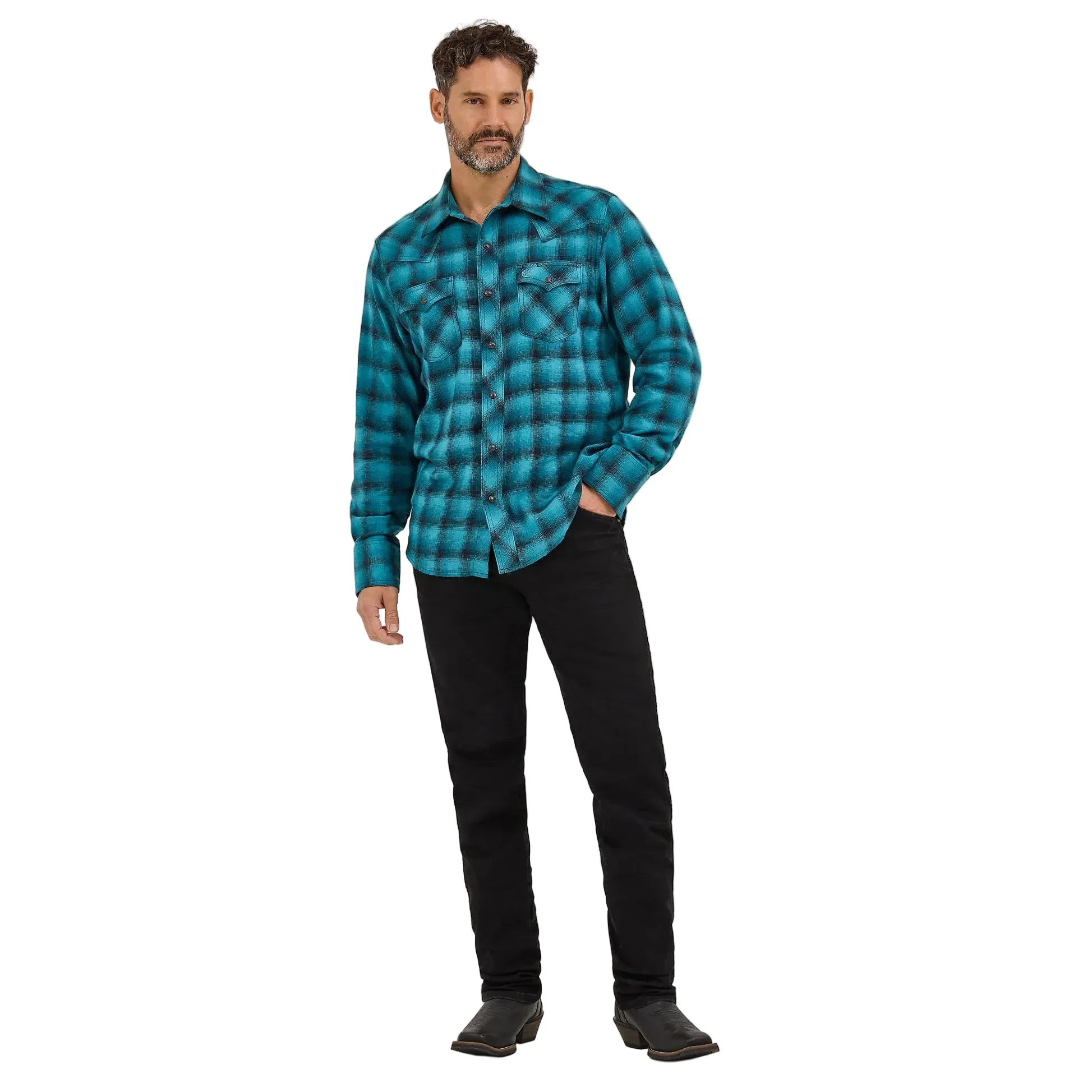 Wrangler Men's Retro Long Sleeve Western Snap Plaid Flannel Shirt - Turquoise Buffalo - Image 4