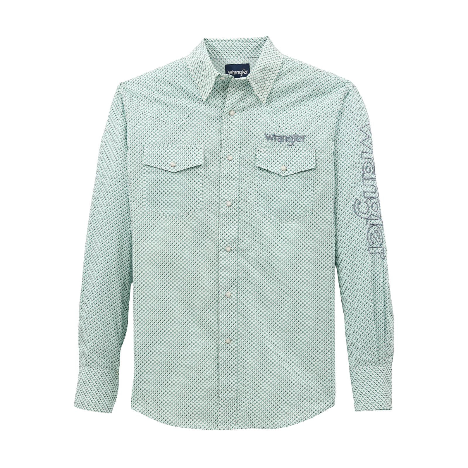 Wrangler Men's Wrangler Logo Classic Fit Snaps Long Sleeve Shirt -White/Teal