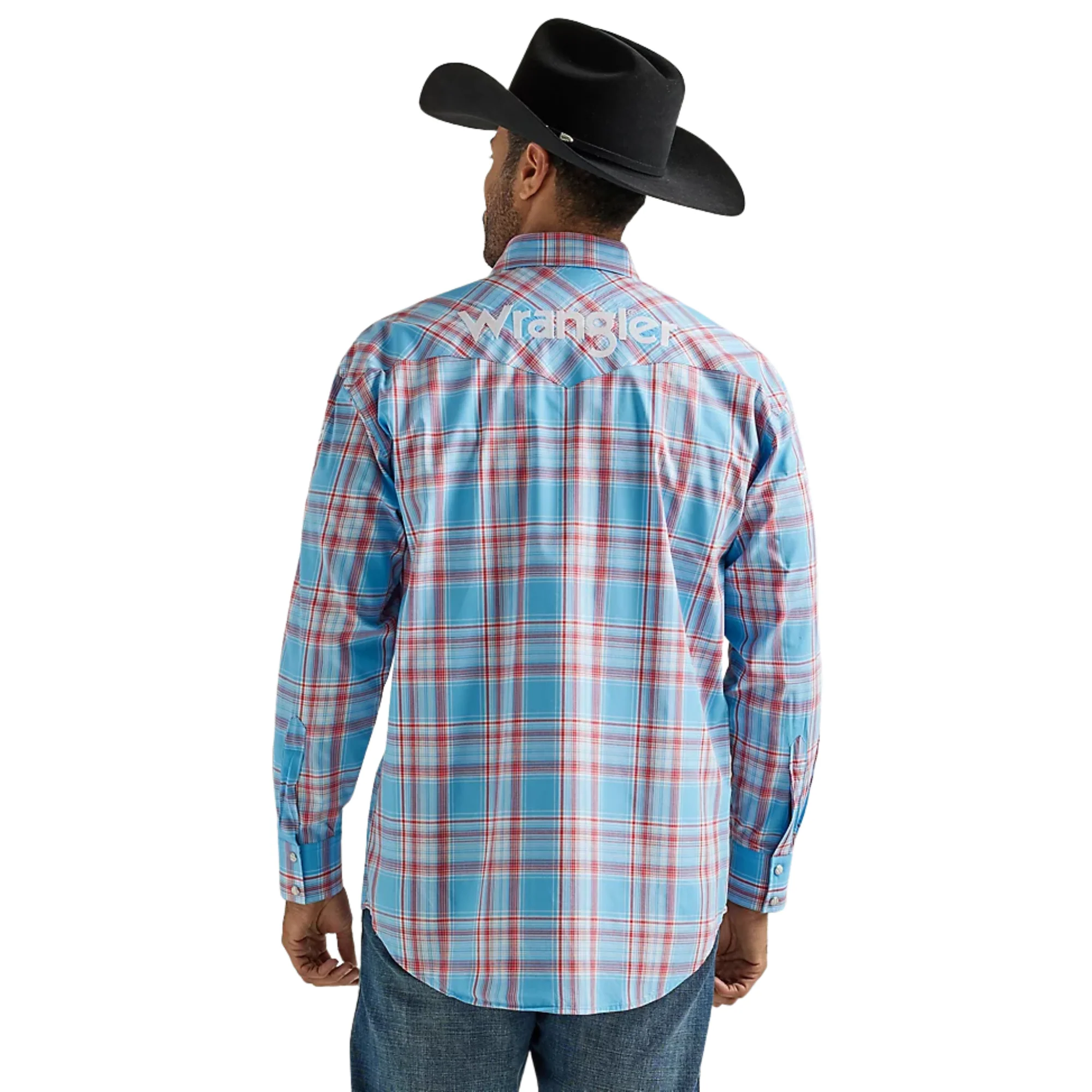 Wrangler Men's Logo Long Sleeve Western Snap Plaid Shirt - Sunny Blue - Image 2