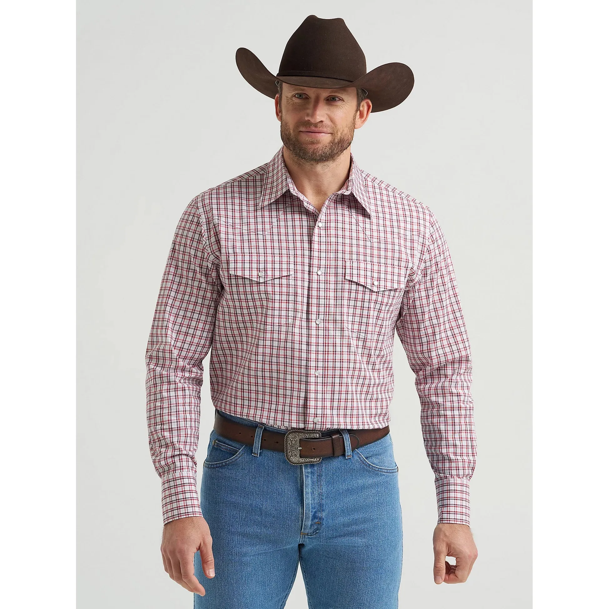 Wrangler Men's Wrinkle Resistant Western Plaid Long Sleeve Shirt - Scarlet Layer