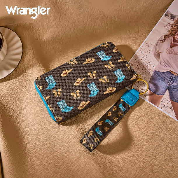 Wrangler Western Print RFID Blocking Zippered Cowgirl Wallet- Coffee - Image 2