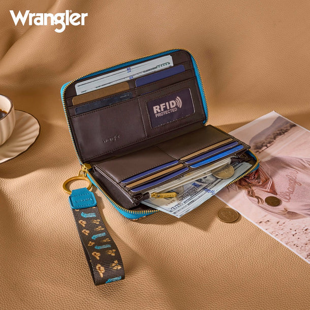 Wrangler Western Print RFID Blocking Zippered Cowgirl Wallet- Coffee - Image 3