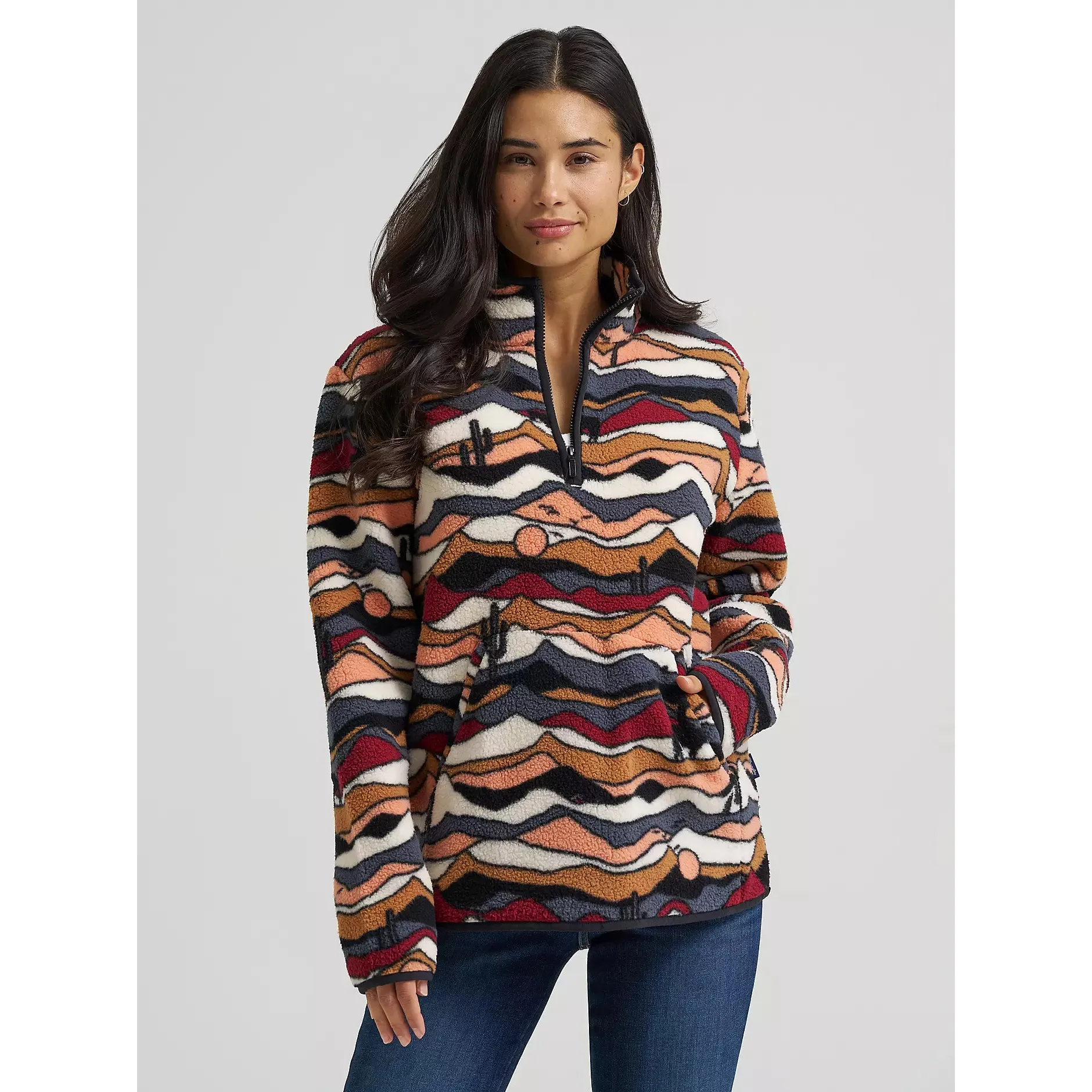 Wrangler Women's High Plains Sherpa Zip Long Sleeve Pullover - Brown/Mesa Dream
