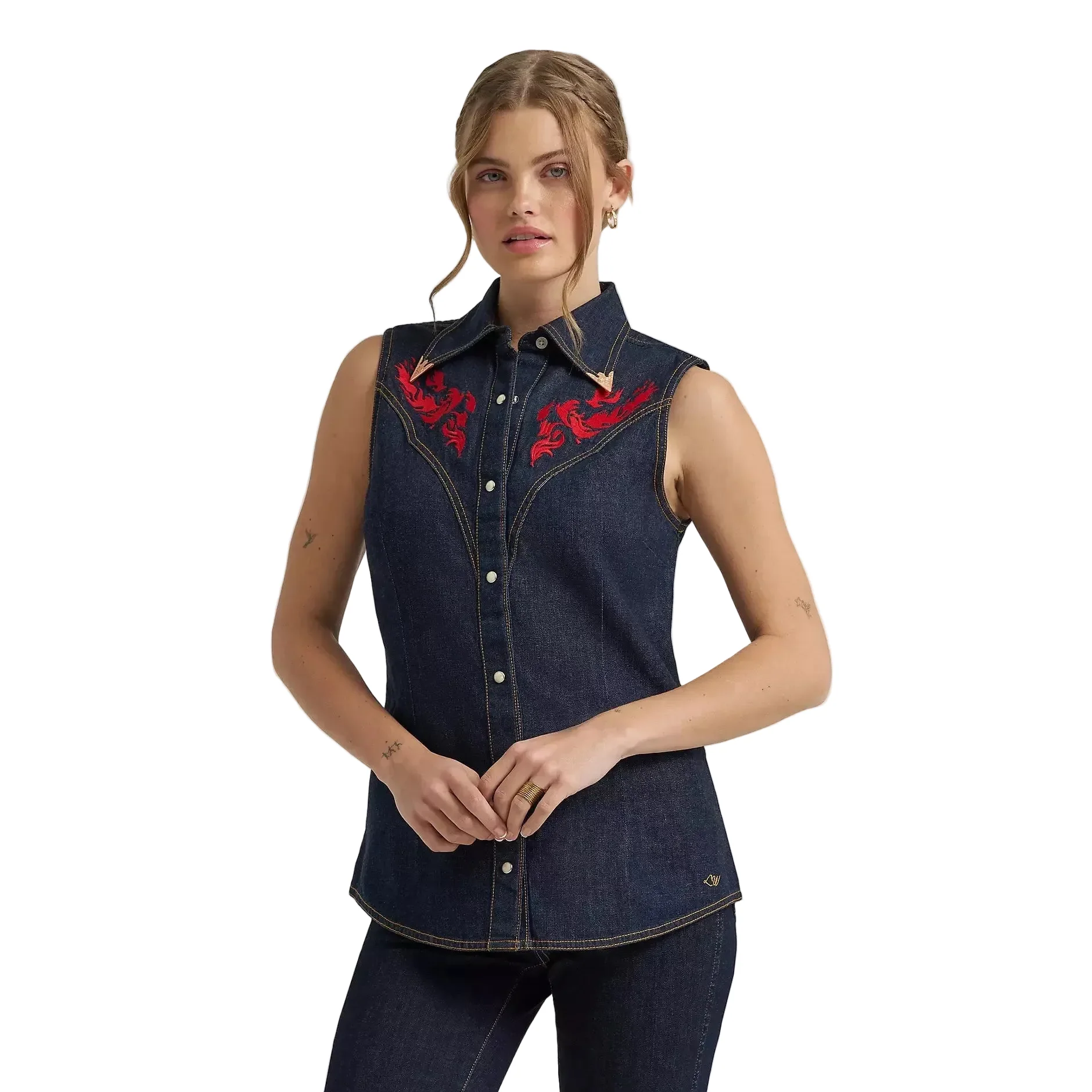 Wrangler Women's Lainey Wilson Sleeveless Embroidered Denim Shirt - Dark Rinse - Image 2