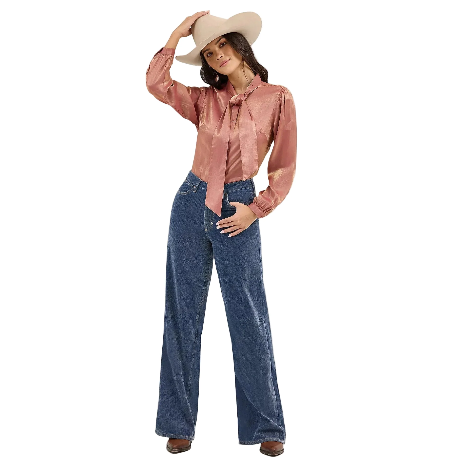 Wrangler Women's Long Sleeve Neck Tie Shimmer Shirt - Rose Gold - Image 2
