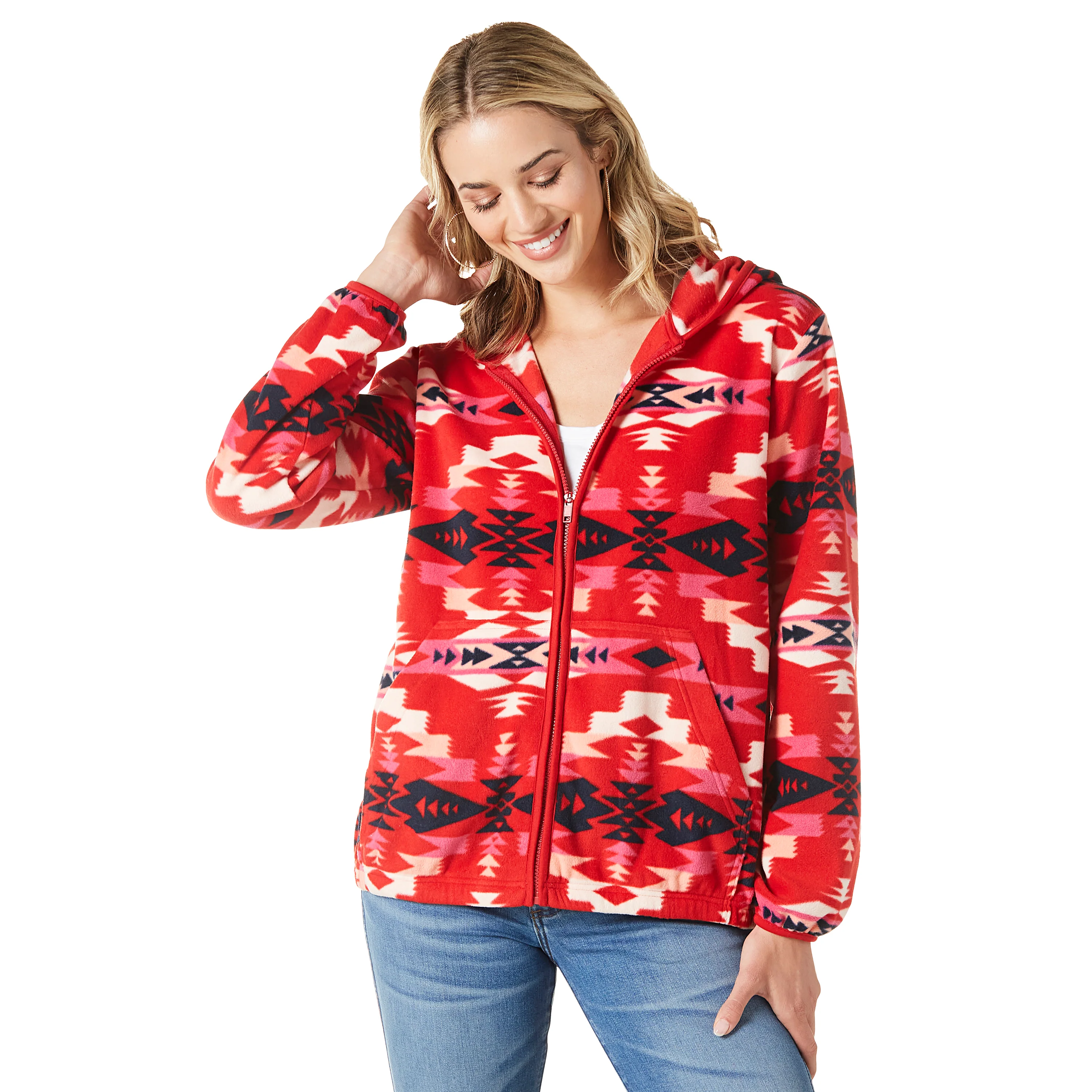 Wrangler Women's LS Fleece Zip Sweater - Aztec Red - Image 2