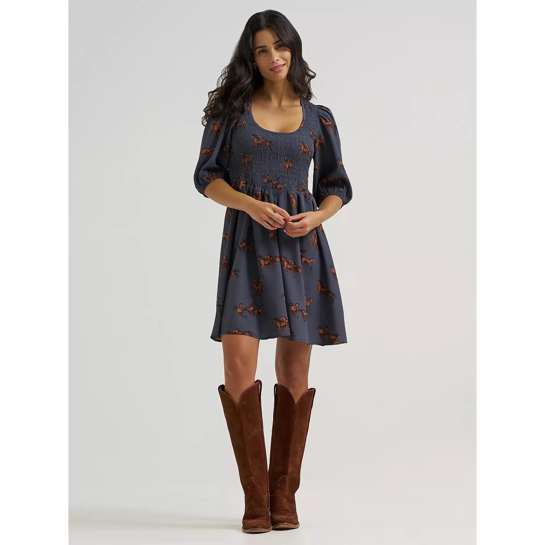 Wrangler Women's Smocked Puff Sleeve Babydoll Horse Dress - Blue