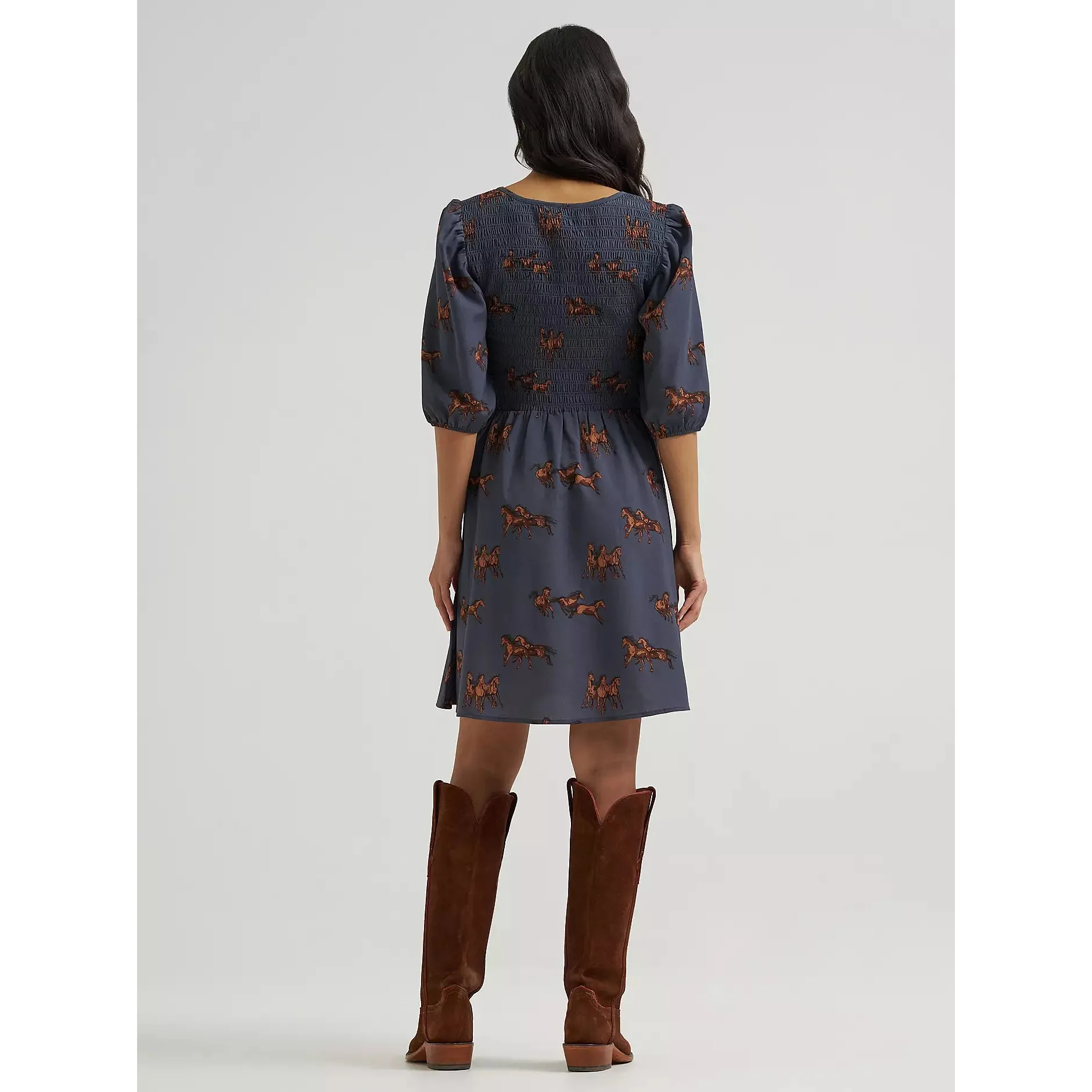 Wrangler Women's Smocked Puff Sleeve Babydoll Horse Dress - Blue - Image 2