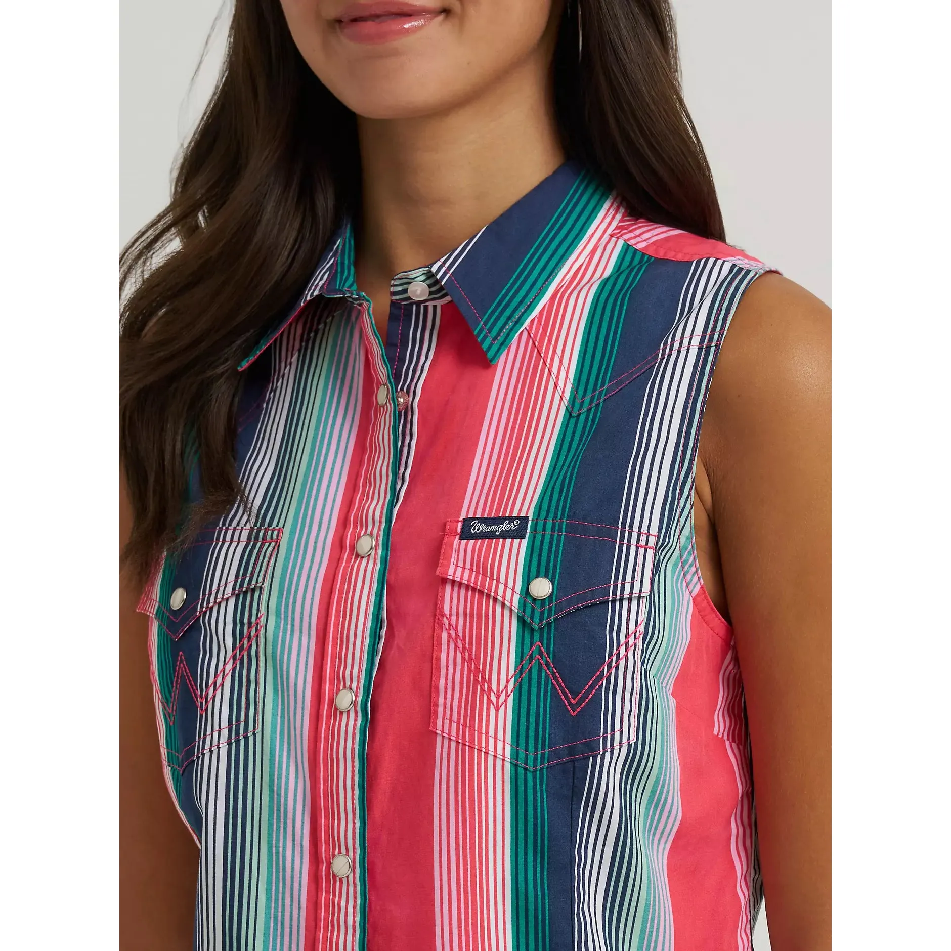 Wrangler Women's Striped Sleeveless Snap Shirt - Pink/White - Image 3