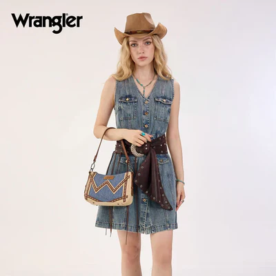 Wrangler Women's Western Contrast Stitch Chevron Denim Satchel Bag- Jean - Image 2