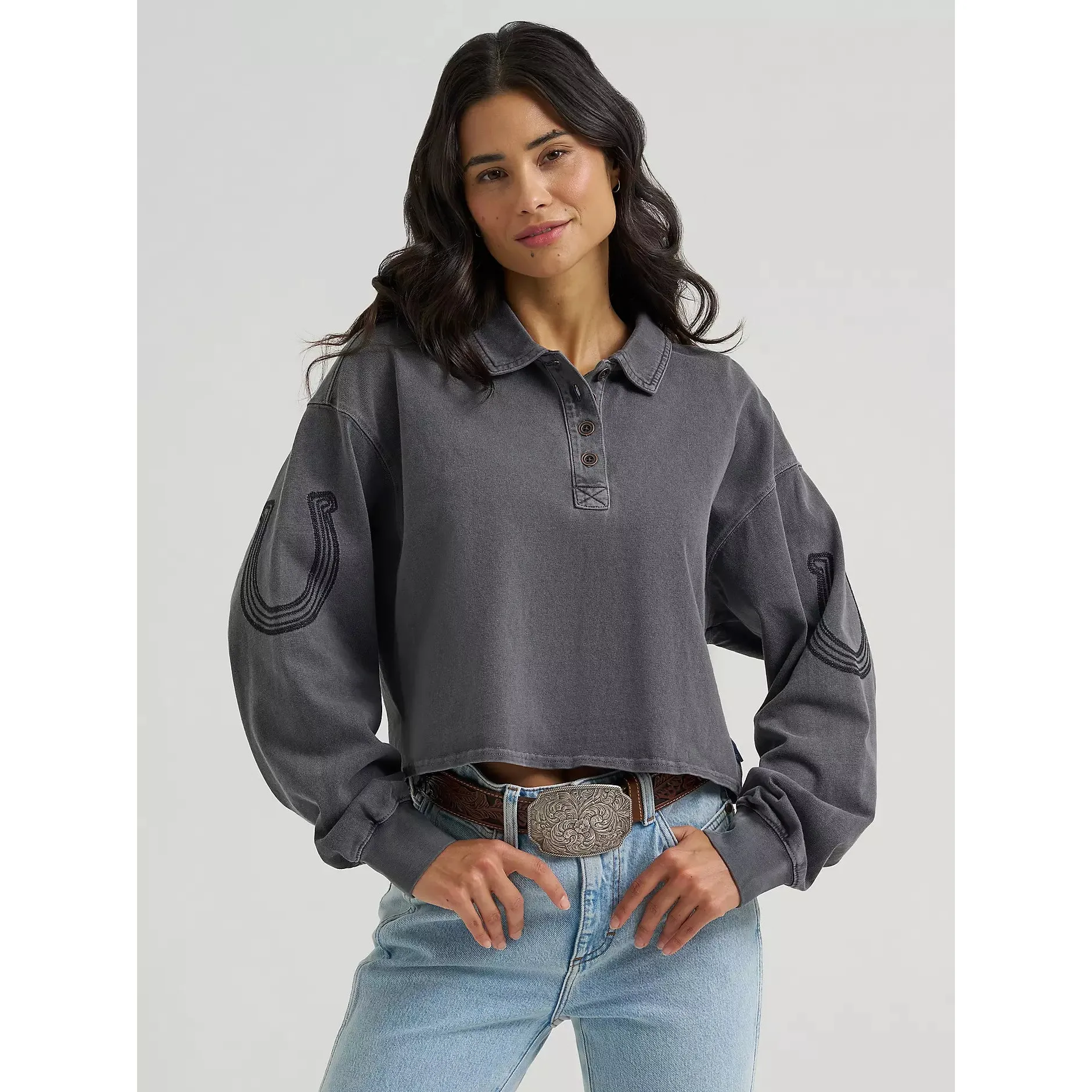 Wrangler Women's Western Horseshoe Long Sleeve Polo Shirt - Black