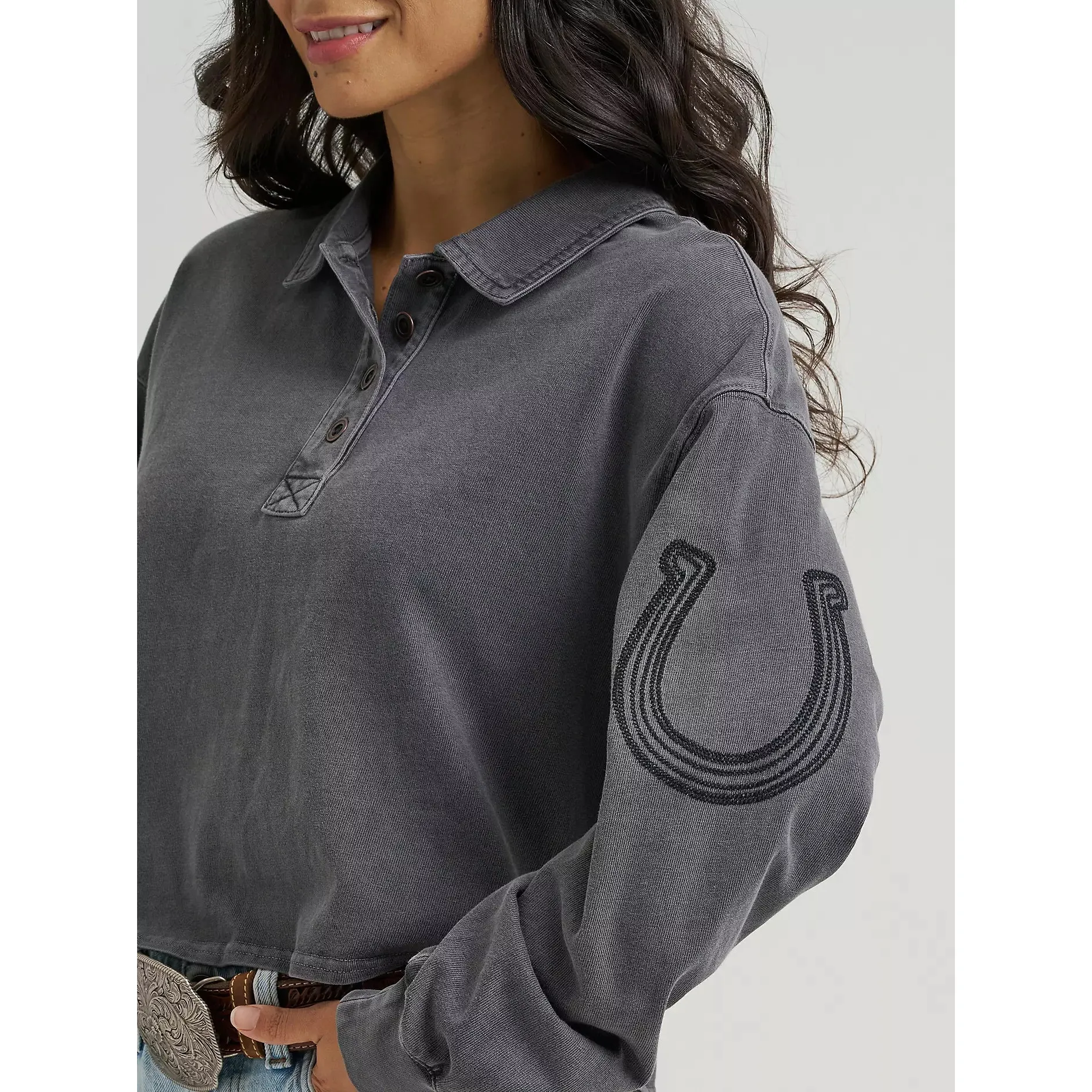 Wrangler Women's Western Horseshoe Long Sleeve Polo Shirt - Black - Image 3